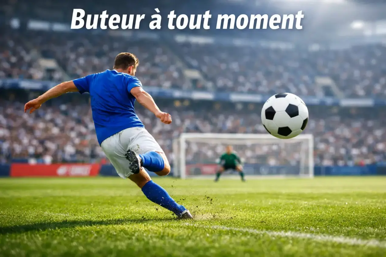 Joueur de football frappant le ballon vers le but sur une pelouse verte