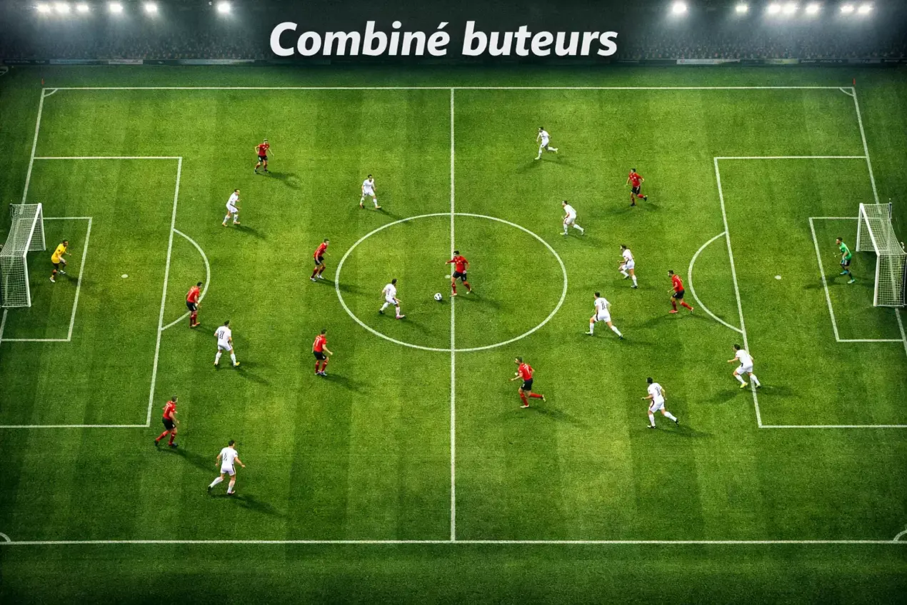 Plusieurs joueurs de football en action sur un terrain vu du dessus