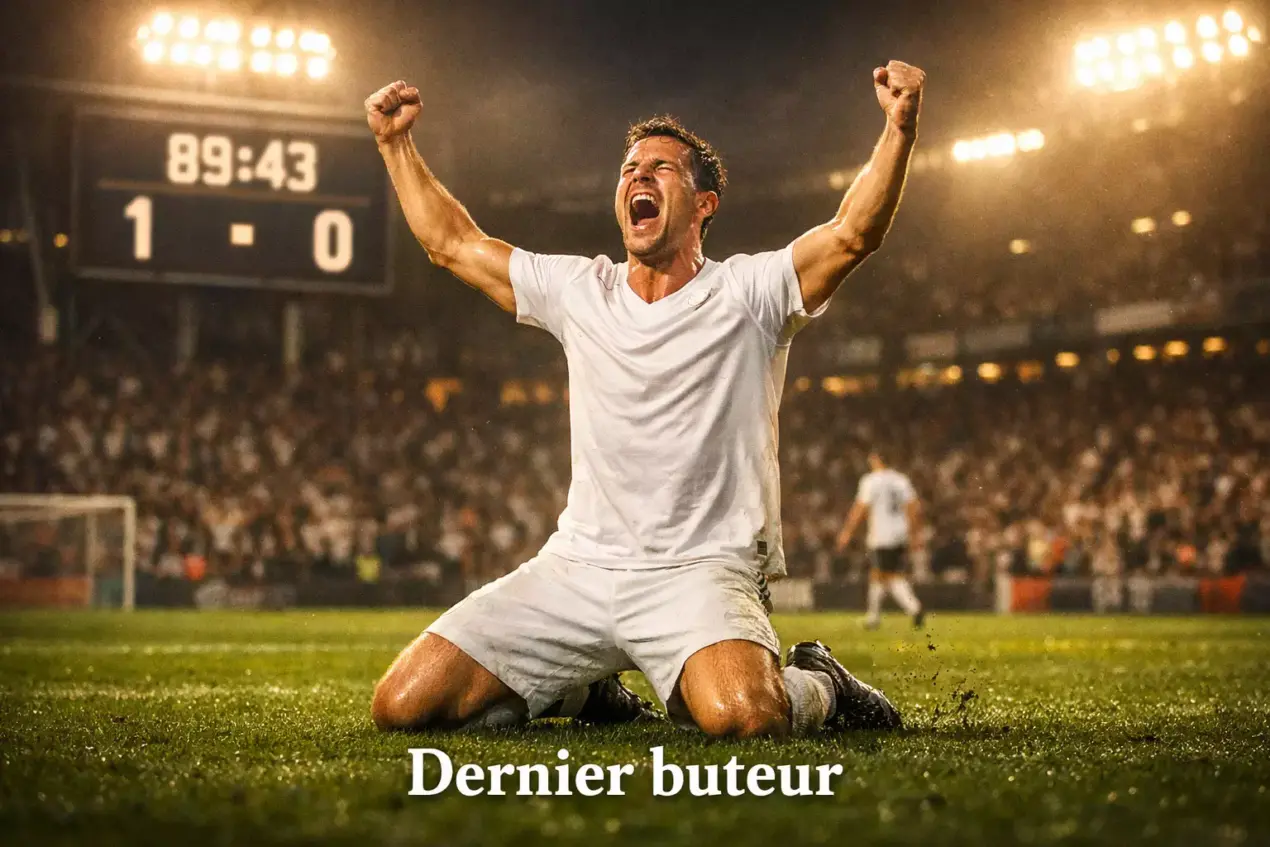 Joueur de football célébrant un but en fin de match dans un stade éclairé