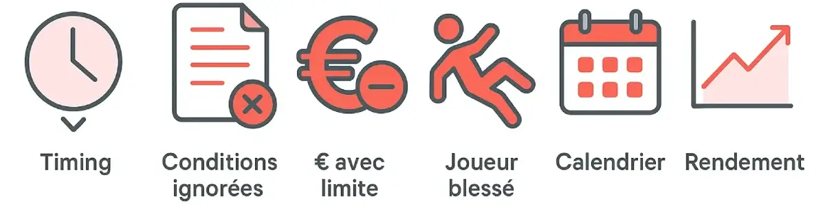 Icônes d'avertissement illustrant les 6 erreurs courantes à éviter avec l'assurance buteur