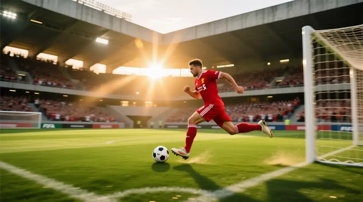 Stade de football moderne au coucher du soleil avec un buteur en action