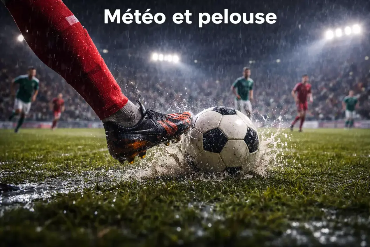 Terrain de football sous la pluie avec des flaques sur la pelouse