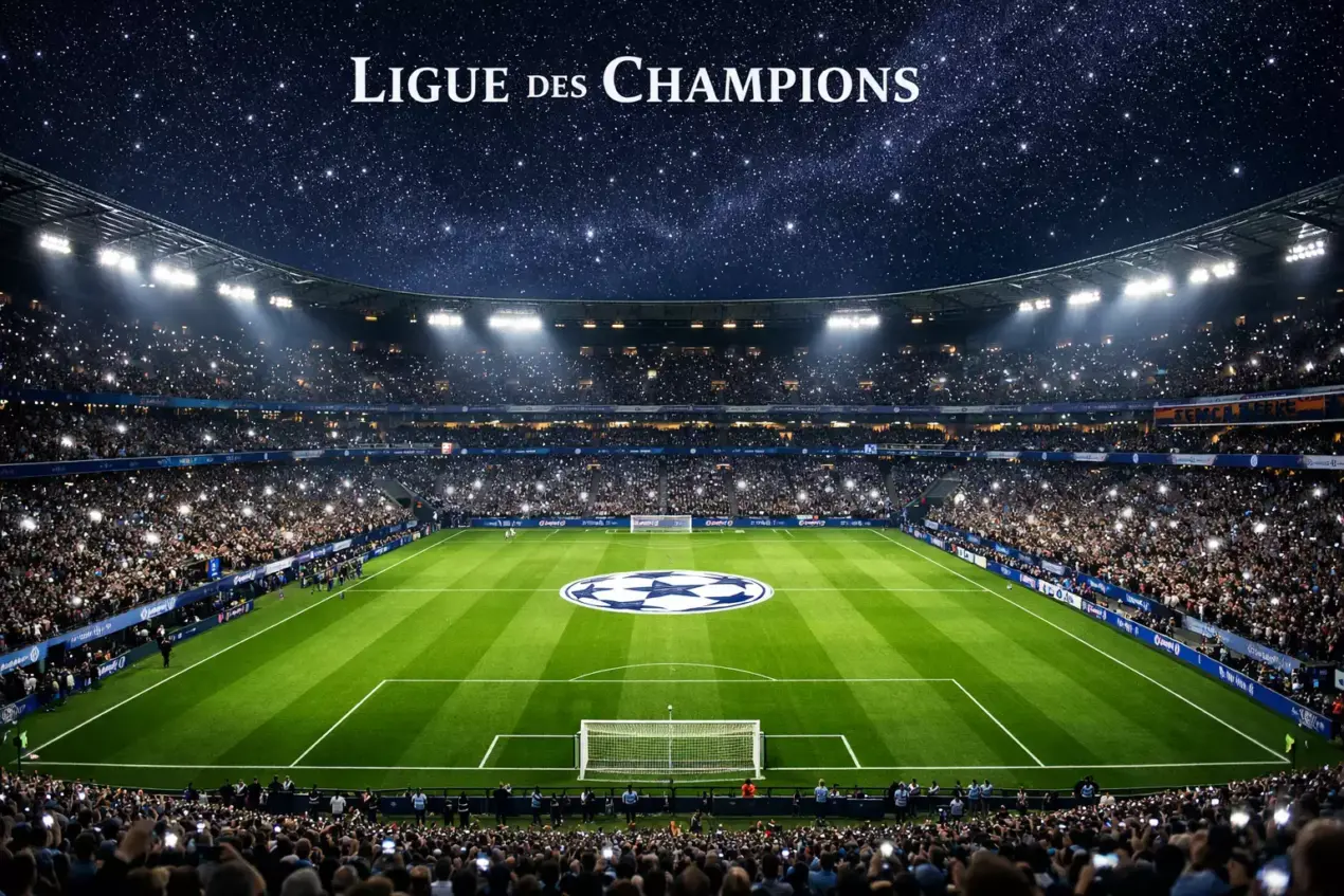 Stade de football européen illuminé pour un match de Ligue des Champions