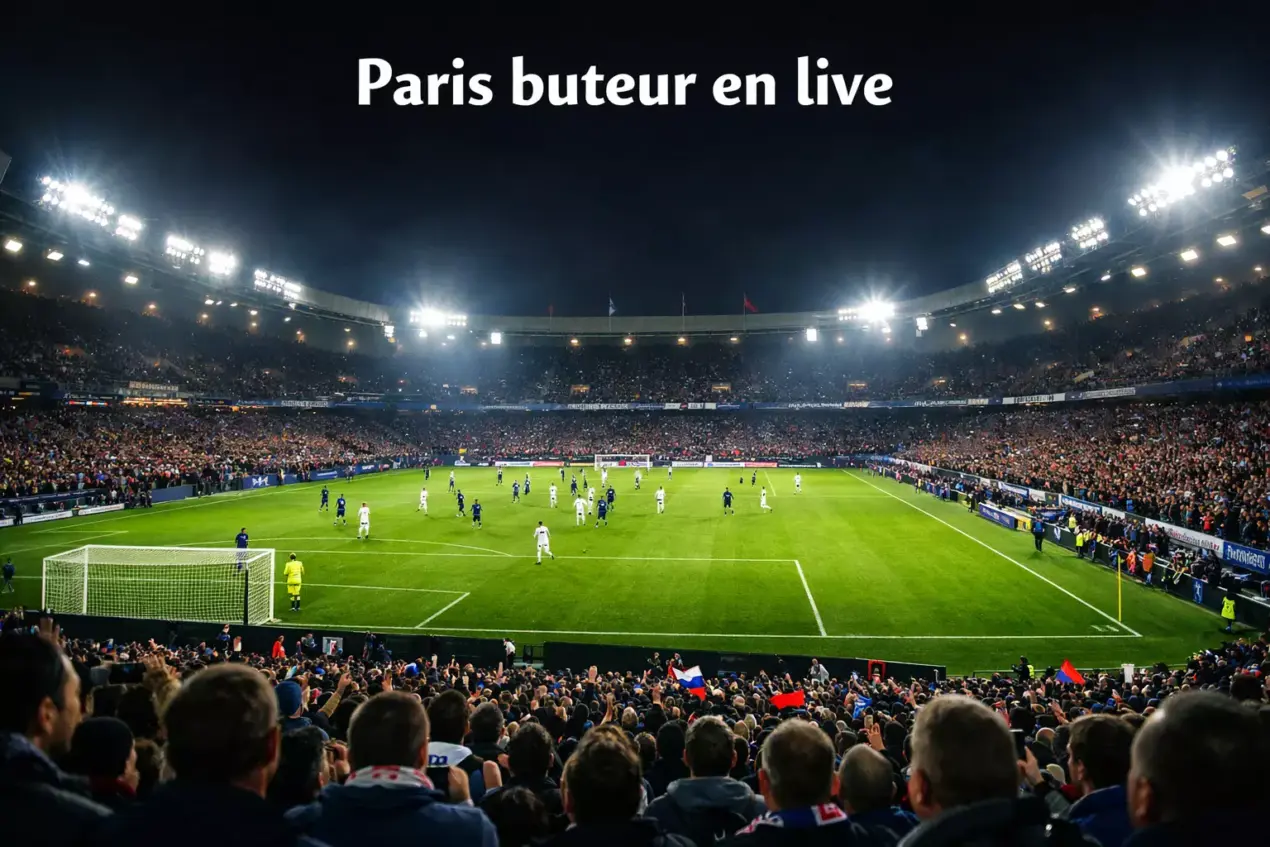 Stade de football éclairé la nuit avec un match en cours