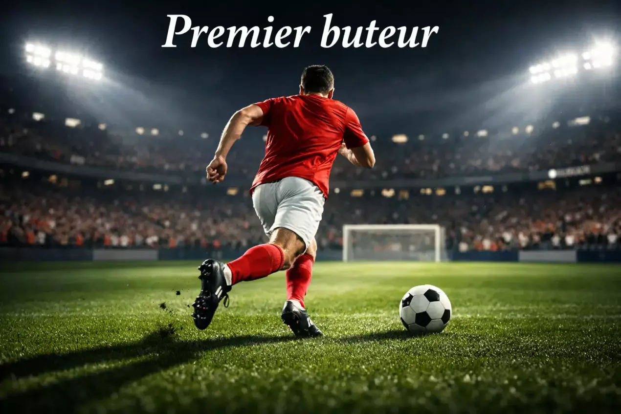 Attaquant de football courant vers le but sous les projecteurs du stade