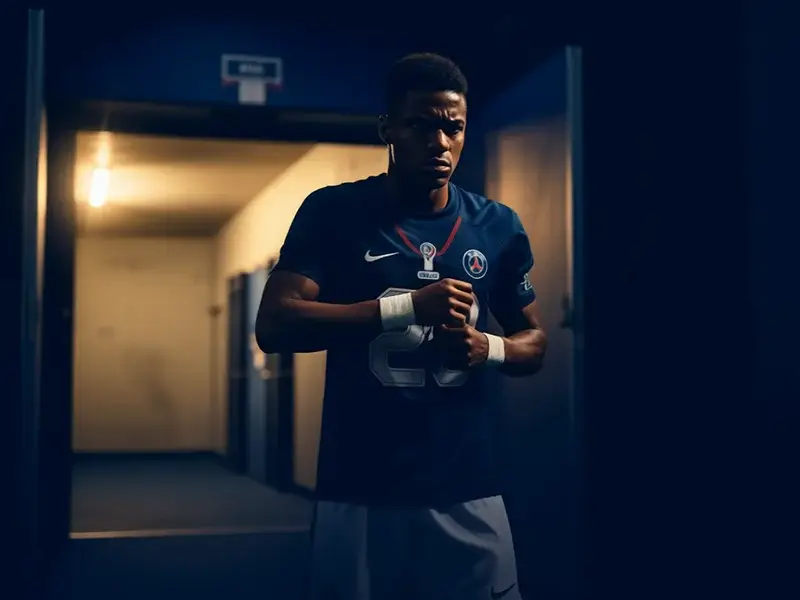 Joueur concentré dans le tunnel avant le match, préparation mentale intense