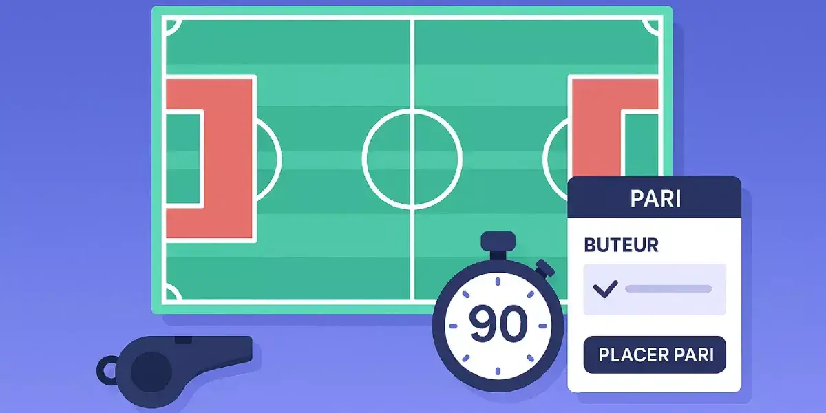 Infographie des règles du pari buteur avec chronomètre et terrain de football