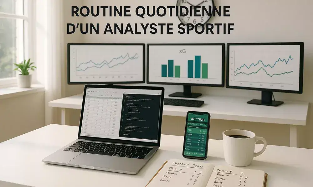 Bureau d'analyste sportif avec ordinateur portable, statistiques et routine matinale
