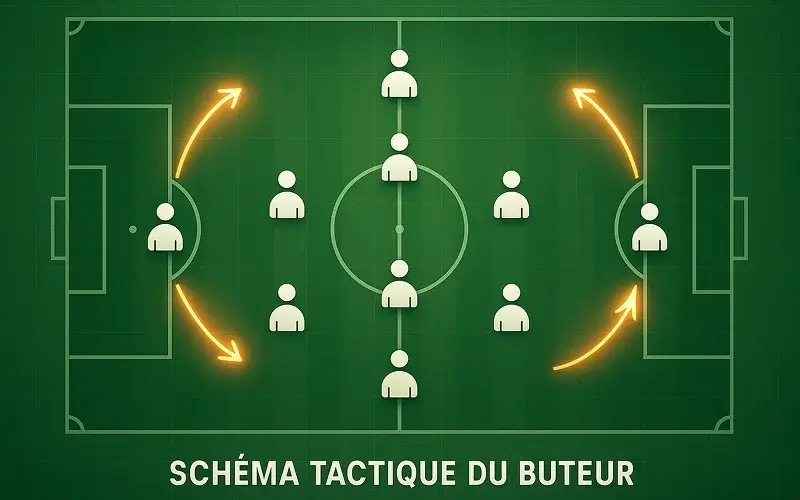 Schéma tactique montrant les positions et mouvements des attaquants sur le terrain