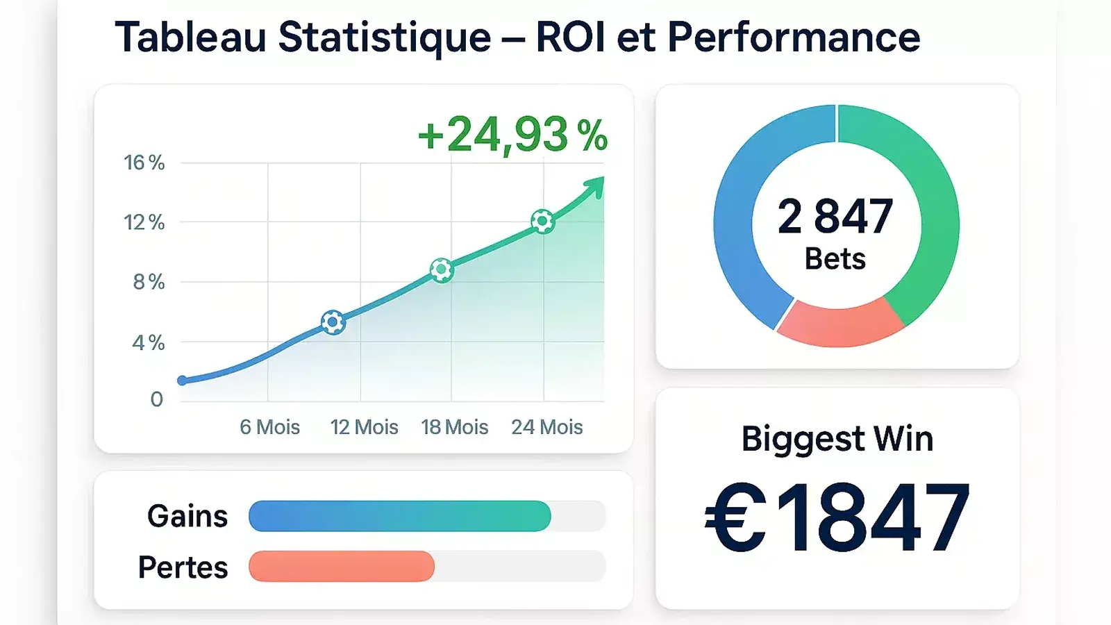 Tableau de bord des statistiques avec ROI de 24,93% sur 2847 paris analysés