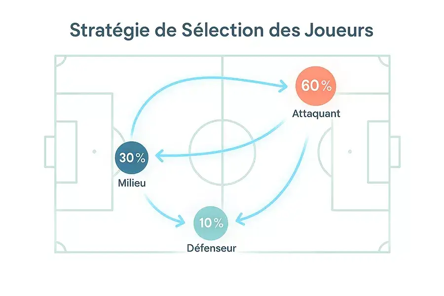 Schéma tactique montrant la stratégie de sélection des joueurs 60-30-10