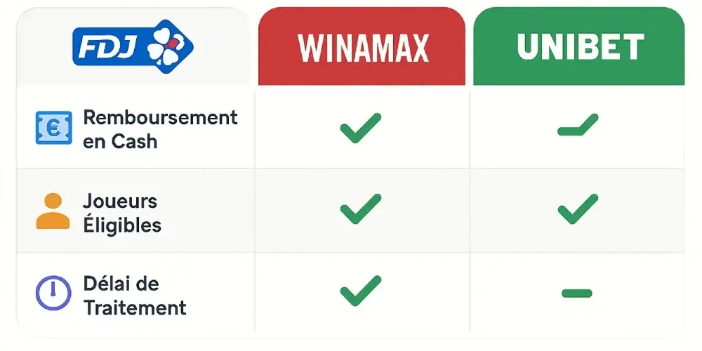 Tableau comparatif des fonctionnalités d'assurance buteur entre FDJ, Winamax et Unibet