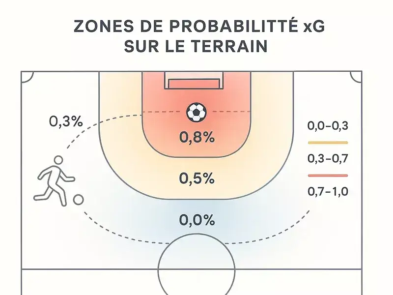 Infographie des zones xG sur un terrain de football avec probabilités de but